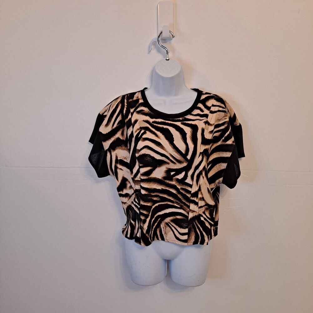 DKNY by Donna Karan Women's Blouse Sz M Blurred Zebra Mix Media Dolman Sleeve
